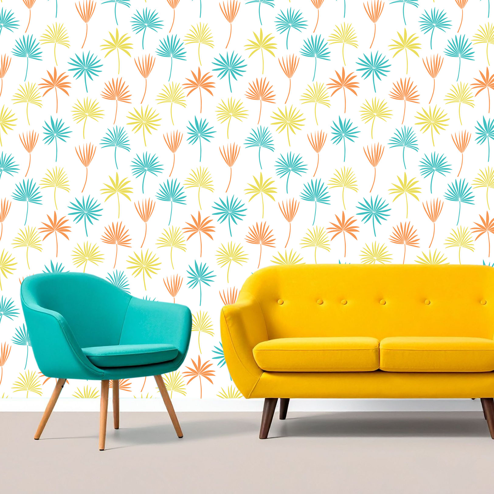 teal chair and yellow couch with palm tree pattern behind it as wallpaper